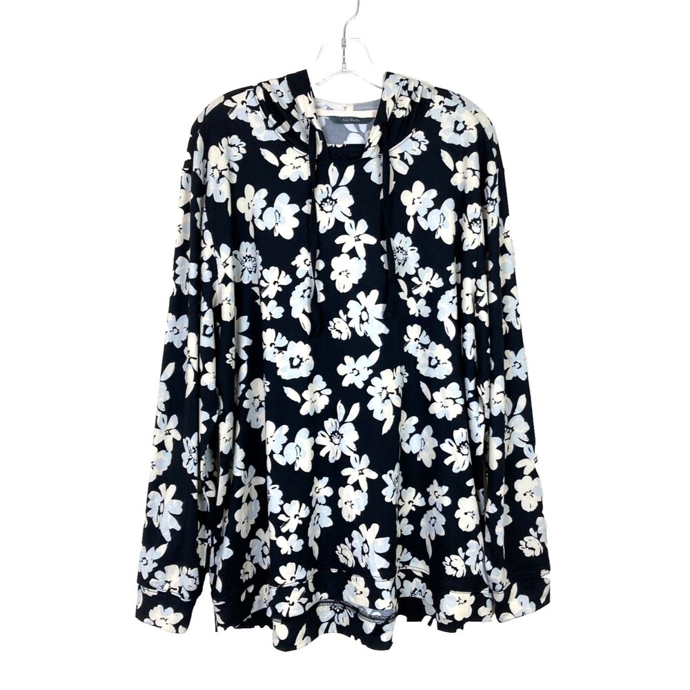Any Body Women's Lightweight Hoodie Size LT Black White Blue Floral Stretch